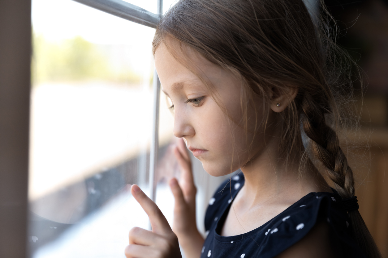 Sad thoughtful orphan child got trauma, feeling depressed